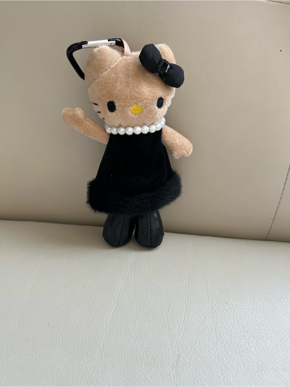 Plush Cat Keychain with Black Dress & Pearl Necklace
